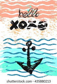 Hand drawn vector artistic textured card with anchor and greeting Hello lettering.Sea anchor background,waves vector card,waves lines,waves water,waves beach card design template.