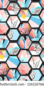Hand drawn vector artistic universal textured abstract composition seamless pattern with hexagon shapes,hand made textures and flowers motif in pastel colors isolated on black background