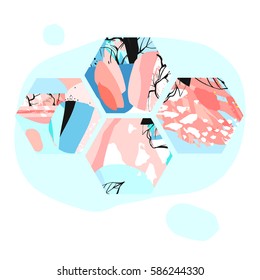 Hand drawn vector artistic universal textured abstract composition with hexagon shapes,hand made textures and nature motifs in pastel colors isolated on white background.Unusual trendy spring design