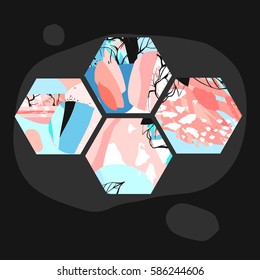 Hand drawn vector artistic universal textured abstract composition with hexagon shapes,hand made textures and nature motifs in pastel colors isolated on black background.Unusual trendy modern design