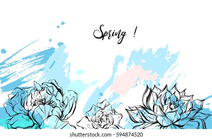 Hand drawn vector artistic universal textured abstract cover header with freehand textures and nature floral motifs in pastel colors isolated on white background.