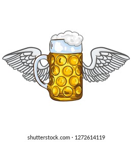 hand drawn vector artwork of a bavarian Oktoberfest beer with angel wings. 1 liter, golden, isolated on white background.