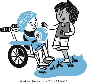 Desenhado à mão Vetor arte criança em uma cadeira de rodas falando com um menino com uma bola de futebol.