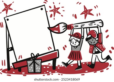Vector dibujado a mano ilustraciones niños en pintura roja sobre un lienzo