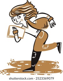 Hand drawn Vector artwork girl running with papers