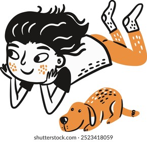 Desenhado à mão Vetor arte menina e um cão deitado no chão