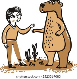 Hand drawn Vector artwork man an bear