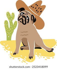 Hand drawn Vector artwork pug dog in a cowboy hat