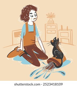 Dibujado a mano obra de arte de Vector mujer sentada con un gato negro travieso