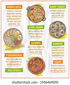 Hand Drawn Vector Asian Food Menu List With Ramen, Kimbap, Fried Rice And Soup Illustration