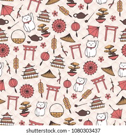 Hand drawn vector asian seamless pattern with umbrellas, japanese lucky cats, coins, lanterns, bonsai and torii gates on the oriental background with circles.