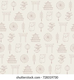 Hand drawn vector asian seamless pattern containing oriental elements contours: umbrellas, japanese lucky cats, coins, lanterns, bonsai and torii gates. Ornament on the beige background.