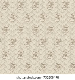Hand drawn vector asian seamless pattern with bonsai tree contours. Ornament on the beige japanese wave background in retro style.