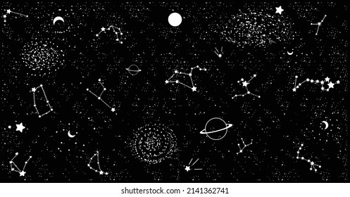 Hand drawn vector of astronomy concept isolated on white dot and black background. Space, stars, planets, galaxy and constellation.