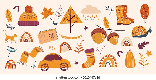 Hand drawn vector autumn elements. Autumn greeting card. Illustration of scarf, boots, woolen hat, trees, leaves, raining cloud, car, rainbow, acorns, plant elements