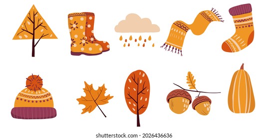 Hand drawn vector autumn elements. Illustration of scarf, boots, woolen hat, trees, maple leaf, raining cloud, acorns, socks, pumkin. Vector illustration for icon, logo, print, icon, card, emblem