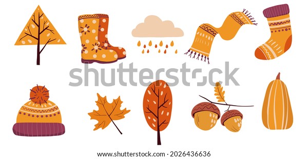 Hand drawn vector autumn elements. Illustration of\
scarf, boots, woolen hat, trees, maple leaf, raining cloud, acorns,\
socks, pumkin. Vector illustration for icon, logo, print, icon,\
card, emblem