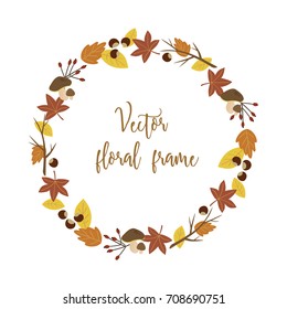 Hand drawn vector autumn floral round frame for your text isolated on white background