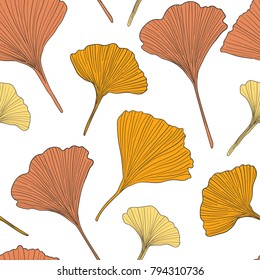 Hand drawn vector autumn ginkgo leaves seamless pattern isolated on white background. Good for fabric, wallpaper or package.