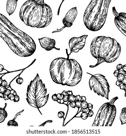 Handgezeichnetes Vektorgrafik-Muster im Herbst. Gemüse- und Beerenmuster, grafisches Stoffmuster. Harte, dekorative Skizzenhintergrund.