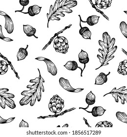Patrón gráfico de otoño dibujado a mano. Conos, bellotas y patrón textil gráfico de hojas de roble. Fondo de esbozo decorativo de objetos forestales.