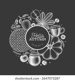 Hand Drawn Vector Autumn Illustration. Not AI Generated. Thanksgiving Chalk Board Background. Fall Season Cozy Mood Banner. Vintage Design Template.