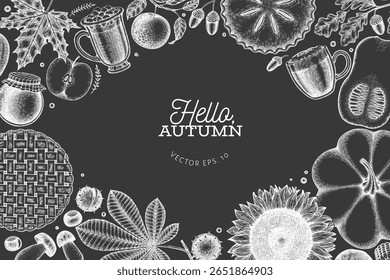 Hand Drawn Vector Autumn Illustration. Not AI Generated. Thanksgiving Chalk Board Background. Fall Season Cozy Mood Banner. Vintage Design Template.