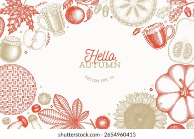 Hand Drawn Vector Autumn Illustration. Not AI Generated. Thanksgiving Background. Fall Season Cozy Mood Banner. Vintage Design Template. 