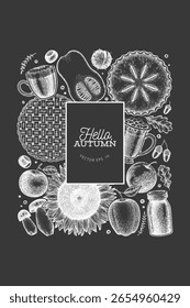 Hand Drawn Vector Autumn Illustration. Not AI Generated. Thanksgiving Chalk Board Background. Fall Season Cozy Mood Banner. Vintage Design Template.