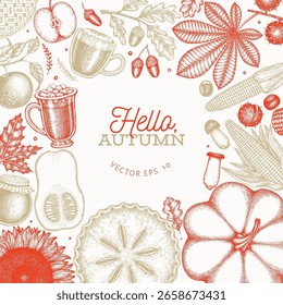 Handgezeichnete Vektorgrafik vom Herbst. Keine KI erzeugt. Thanksgiving-Hintergrund. Herbstsaison Cozy Mood Banner. Vorlage für Vintage-Design. 