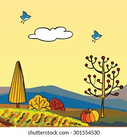 Hand drawn vector autumn landscape. Lovely colorful fall background with a meadow, trees, hills, sky, bird, falling leaves. Fully editable.