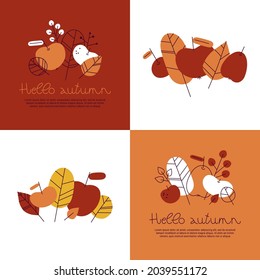 Hand drawn vector autumn leaves and apples set. Design for poster, kitchen textiles, clothing and website