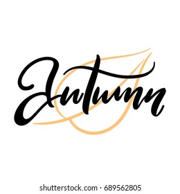 Hand drawn vector autumn lettering with leaf illustration. Modern calligraphy. Festive vector background for decorative design. Easy for stickers, wrapping, prints, logo, cards and many more.
