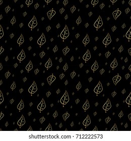 Hand drawn vector autumn seamless pattern with leaves. Golden ornament. Black background