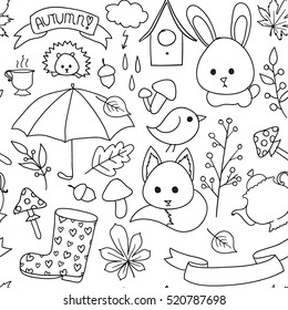 Hand drawn vector autumn set, uncolor for coloring book
