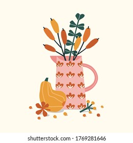 Hand drawn vector autumn still life. Decorative composition with pink jug, fall bouquet, pumpkin, berries isolated on white background. Cartoon style for posters, cards, t-shirt design, stickers.