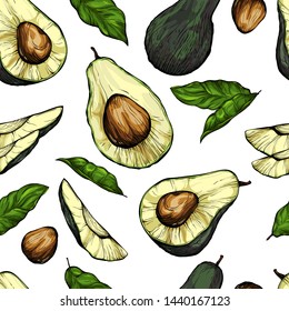 Hand drawn vector avocado seamless pattern.Whole avocado, sliced pieces, half, leaf and seed.Food engraved style illustration.Fruit  isolated on white background.Whole and cut in half fruit with pit