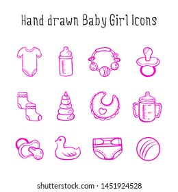 Hand drawn vector Baby Girl icon set: clothes, toys, pacifiers, milk bottles and other objects isolated on white background. Baby shower collection.