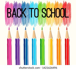 Hand drawn vector Back to School words over multicolor hatch strokes and crayon pencils row isolated over white background.