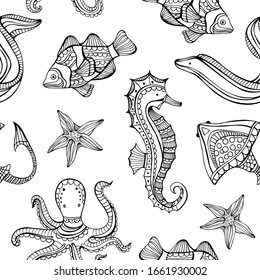 Hand drawn vector background of aquatic animals. Doodle style background. Seamless pattern. Marine theme.