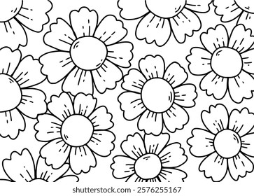 Hand drawn vector Background of blooming zinnia flowers. floral ornament, vintage, invitation, wedding, black and white