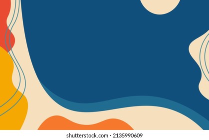 Hand drawn vector background with blue copyspace, colorful curvy shapes, and curvy lines. Suitable for kids education design template.