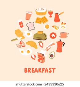 Fondo de vector dibujado a mano. El concepto del desayuno. Ilustración de vector