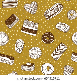 Hand drawn  vector background with cakes, cookies and other sweets. Seamless pattern with desserts.