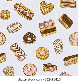Hand drawn  vector background with cakes, cookies and other sweets. Seamless pattern with desserts.
