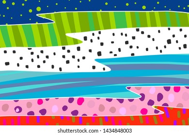 Hand drawn vector background in cartoon style. Textured objects lines forms landscape
