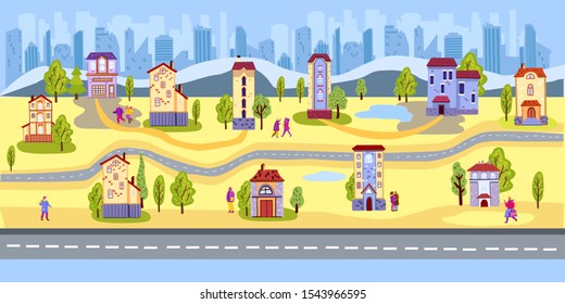 Hand drawn vector background with city landscape. Cute small houses with trees and people walking. metropolis on the background.