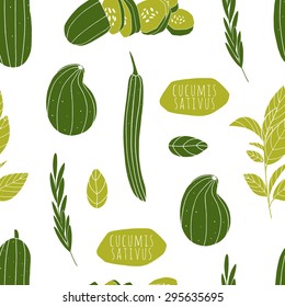 Hand drawn vector background with cucumbers. Cute seamless pattern for kitchen stuff, fabrics, wrapping paper 