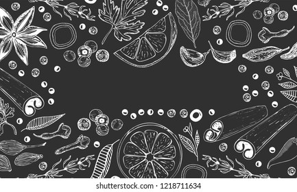 Hand drawn vector background for kitchen: spices, herbs, fruits. Orange, cinnamon, anise, thyme, Bay leaf, pepper, cardamom, cumin, garlic, parsley, cloves, onions on a black background. 