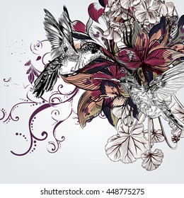 Hand drawn vector background with lily flowers and hummingbirds